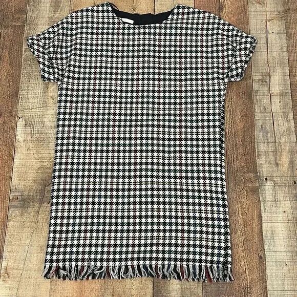 ZARA Trafaluc Collection Houndstooth Mini Dress Fringe Hem - Picture 2 of 10